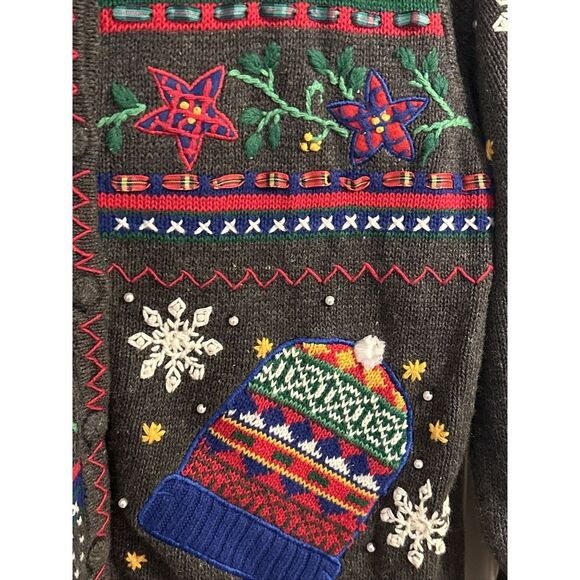 Vintage DESIGNERS ORIGINALS P/M Ho Ho Christmas Sweater‎ Cardigan Snow Mitten - Picture 3 of 5